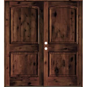60 in. x 80 in. Rustic Knotty Alder 2-Panel Arch Top Red Mahogony Stain Right-Hand Wood Double Prehung Front Door