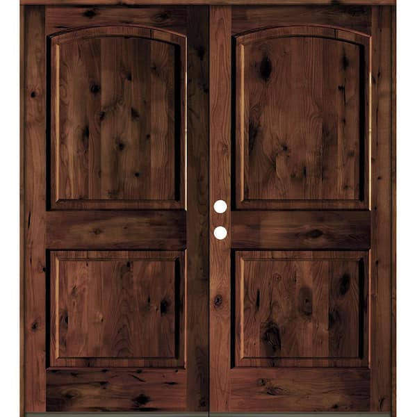 Krosswood Doors 72 in. x 80 in. Rustic Knotty Alder 2-Panel Arch Top Red Mahogony Stain Right-Hand Wood Double Prehung Front Door