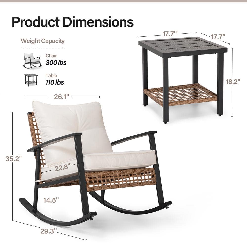 Beige Cushioned Steel Frame 3-Piece Patio Rocking Set