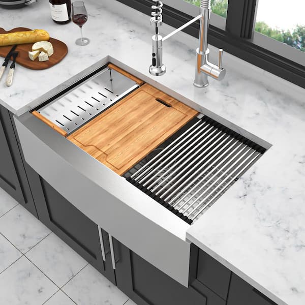 30 in. Farmhouse Single Bowl 16-Gauge Brushed Nickel Stainless Steel Kitchen Sink with Workstation