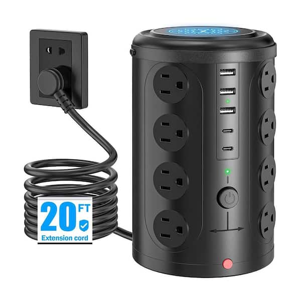 16-Outlet Power Strip Tower Surge Protector with 20 ft. Extension Cord, 3 USB-A & 2 USB-C Port for Home/Office, Black