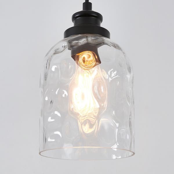 1-Light Black Mini Island Pendant Light with Textured Glass Shade