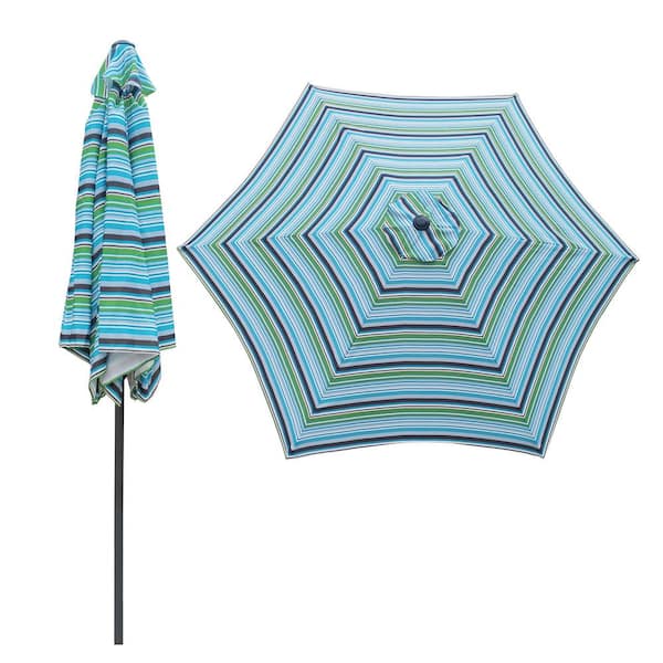Inner Decor Hal 9 ft. Steel Market with Push Button Tilt and Crank Patio Umbrella in Blue Stripes Without Base
