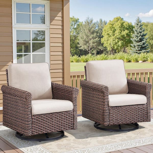 Buenaola Nyajiah 2-Piece Wicker Outdoor Rocking Chair with Beige Cushions