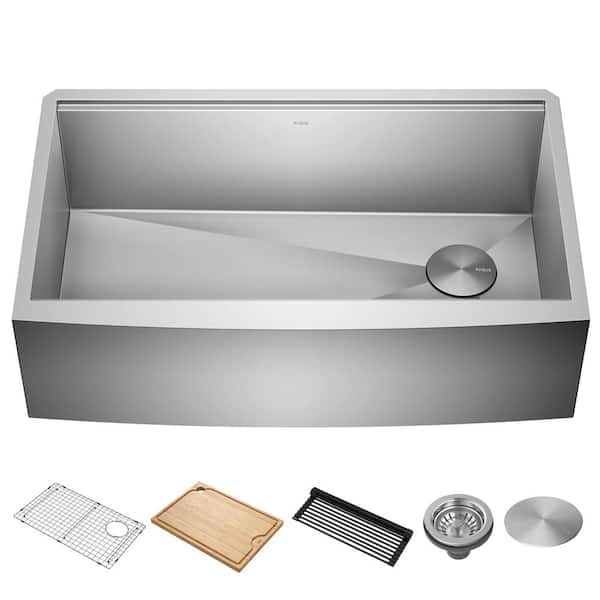 KRAUS Kore 16-Gauge Stainless Steel 33 in. Single Bowl Farmhouse Apron Workstation Kitchen Sink with Accessories