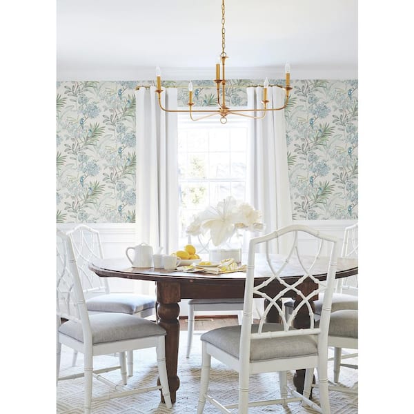 Turquiose Blue Handpainted Songbird Matte Non Woven Paper Peel and Stick Wallpaper Roll