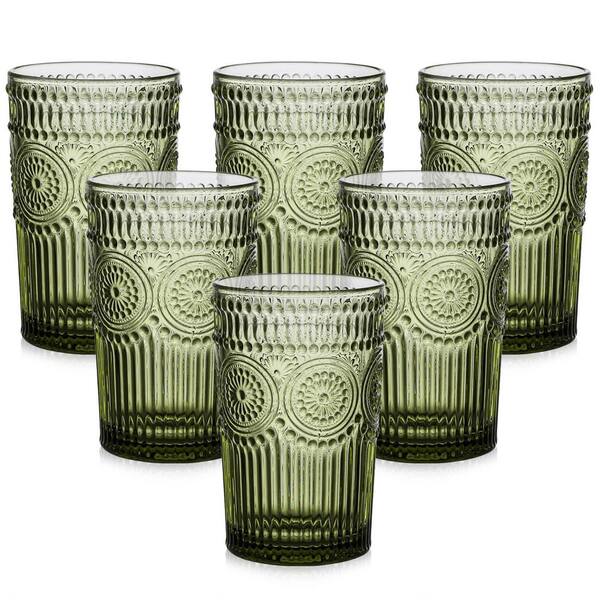 Wudkey Vintage Glassware Set of 6 in Green, 13 oz Textured Flower