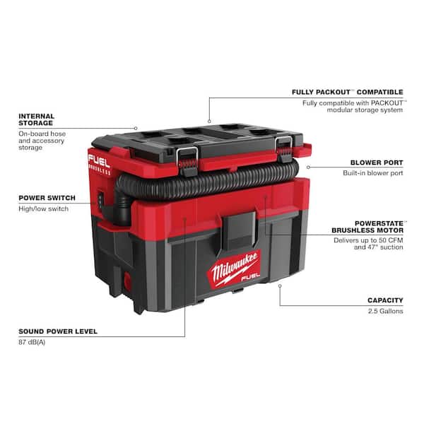 Milwaukee M18 FUEL PACKOUT 18-Volt Lithium-Ion Cordless 2.5 Gal. Wet/Dry Vacuum and AIR-TIP Conduit Line Puller Attachment Kit