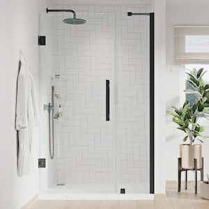 Tampa-Pro 39 1/16 in. W x 72 in. H Pivot Frameless Shower in Black with Shelves