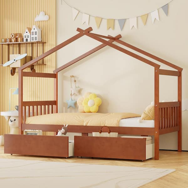 Harper & Bright Designs Walnut Twin Size Wood House Bed, Kids Bed with 2 Drawers