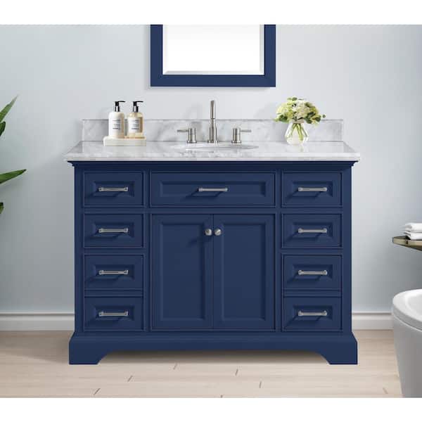 Home Decorators Collection Windlowe 49 in. W x 22 in. D x 35 in. H Freestanding Bath Vanity in Navy Blue with Carrara White Marble Top