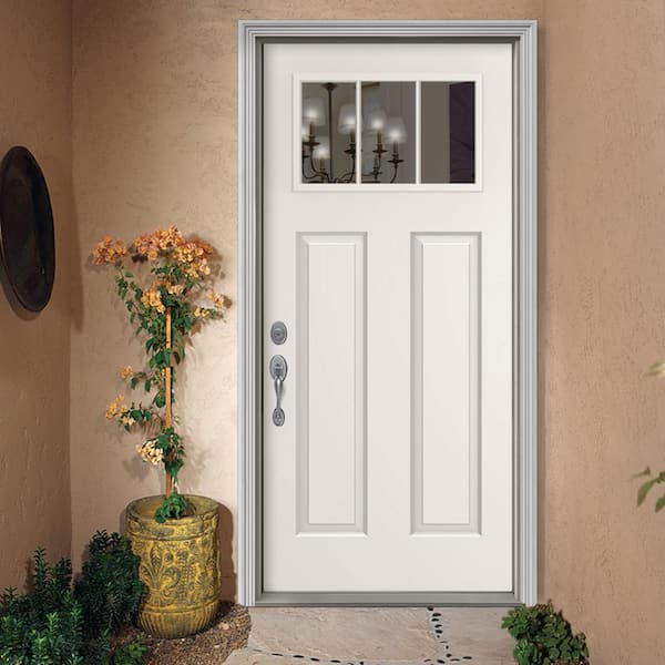 36 in. x 80 in. 3 Lite Craftsman Primed Steel Prehung Right-Hand Inswing Front Door w/Brickmould
