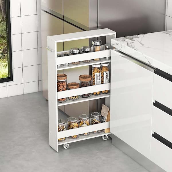 4-Tier White Slim Wood Kitchen Cart with Open Shelves Storage Cart Rolling On Wheels Narrow