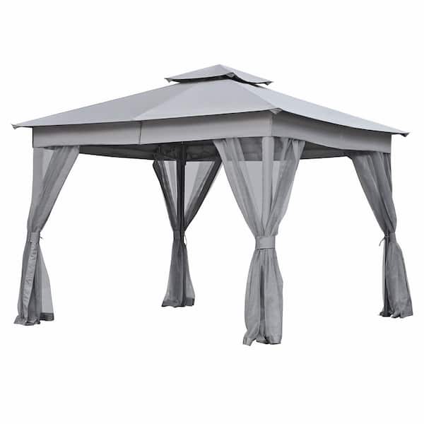 10 ft. x 10 ft. Gray Outdoor Gazebo Tent with Double Roofs with Mosquito Netting