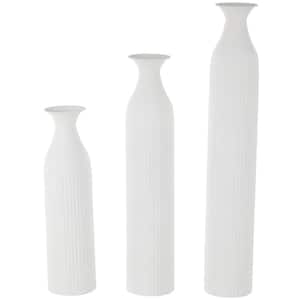 White Tall Slim Ribbed Floor Metal Decorative Vase (Set of 3)