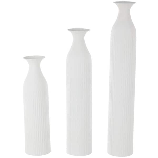 Litton Lane White Tall Slim Ribbed Floor Metal Decorative Vase (Set of 3)