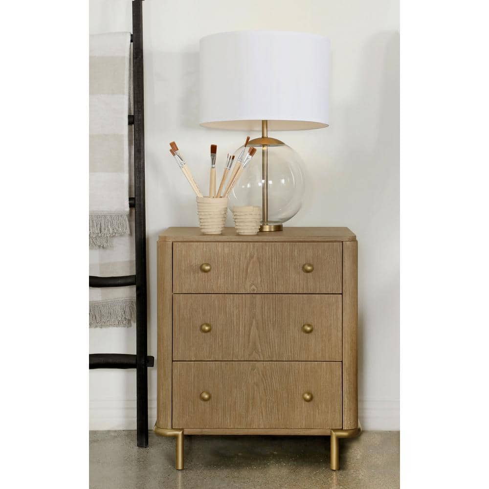 Arini Sand Wash 3-Drawer Nightstand with Brass Knobs