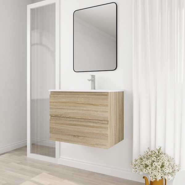 SSLine Wall Mounted Bathroom Vanity with Sink Modern 30 Floating Bathroom  Vanity with White Ceramic Sink & 2 Doors Cabinet Imitative Oak Wood