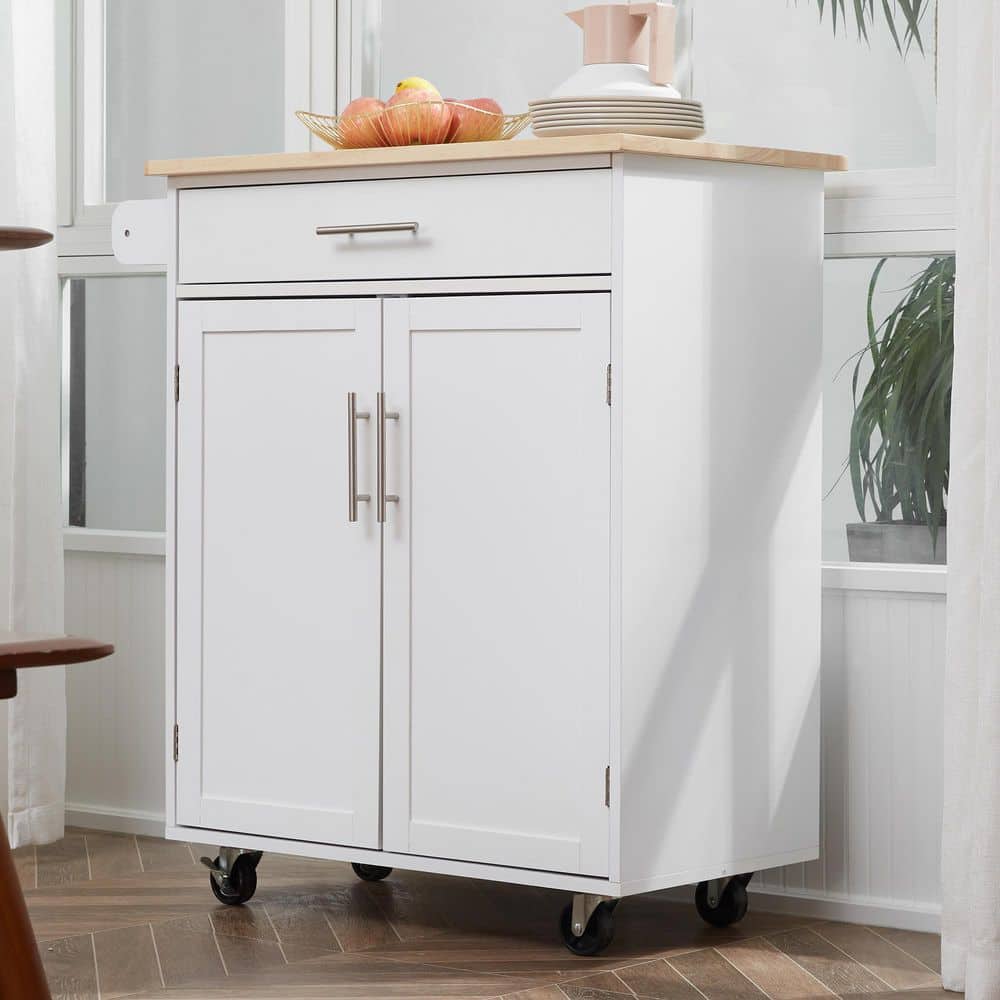 Ziyudura White Solid Rubber Wood Top 17.8 in. Kitchen Island Cart