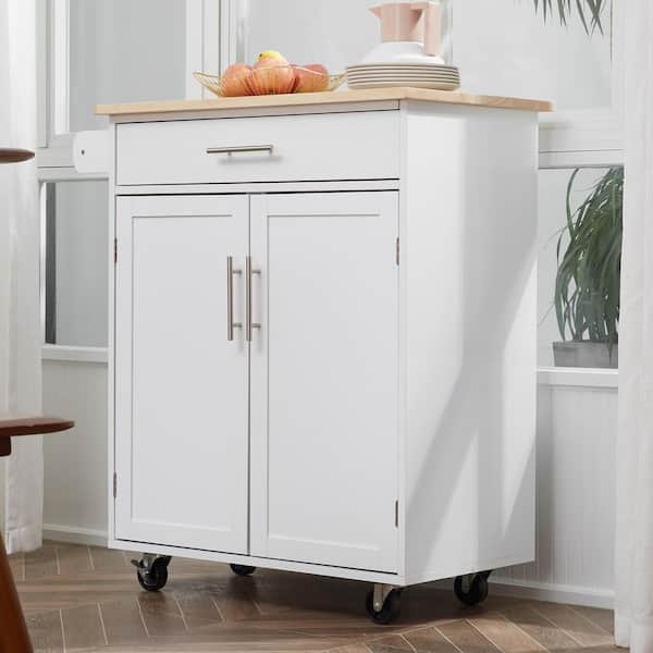 White Solid Rubber Wood Top 17.8 in. Kitchen Island Cart with 2 Door Cabinet and Drawers