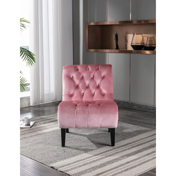 Pink Velvet Accent Chair, Tufted Button Living Room Sofa Chair, Ergonomic Chair, Polyester Upholstery, Wood Leg, Bedroom