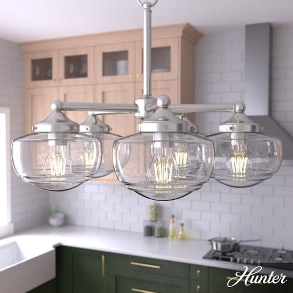 Hunter Saddle Creek 5-Light Brushed Nickel Schoolhouse Chandelier with Clear Seeded Glass Shades