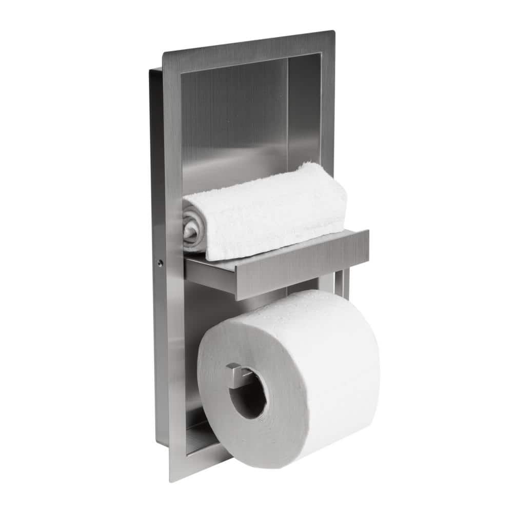 Brushed Stainless Steel Recessed Toilet Paper Holder with Shelf
