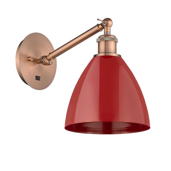 Plymouth Dome 1-Light Antique Copper, Red Wall Sconce with Red Metal Shade