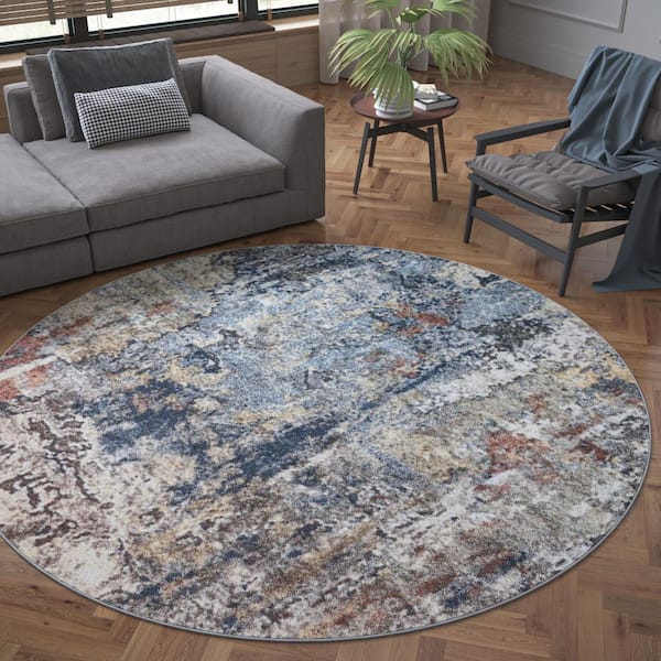 Reina Abstract Navy 8 ft. Round Indoor Area Rug