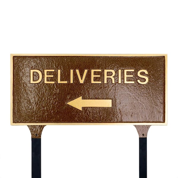 Montague Metal Products 7.25" x 15.25" Deliveries with Left Arrow Standard Rectangle Statement Plaque with Lawn Stakes - Hammered Bronze