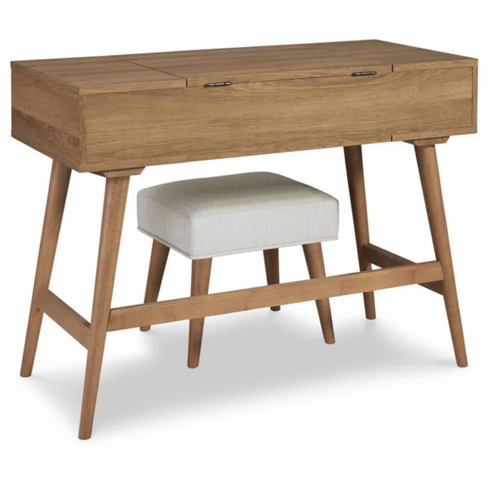 Light Brown and White 2-Drawer Vanity with Upholstered Stool