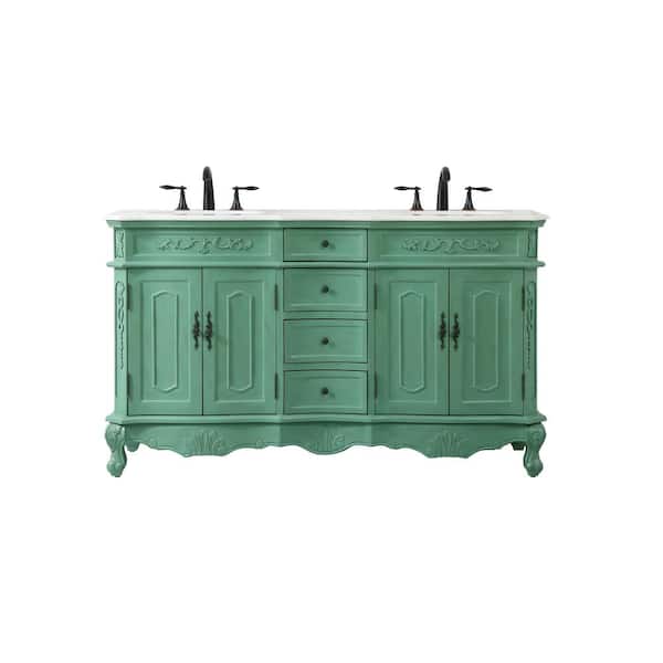 Unbranded Timeless Home 60 in. W Bath Vanity in Vintage Mint with Marble Vanity Top in White and Brown Vein with White Basin