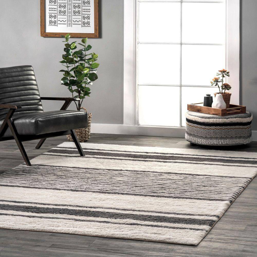 Ivory and Black Striped Wool Washable Area Rug 5' x 8'