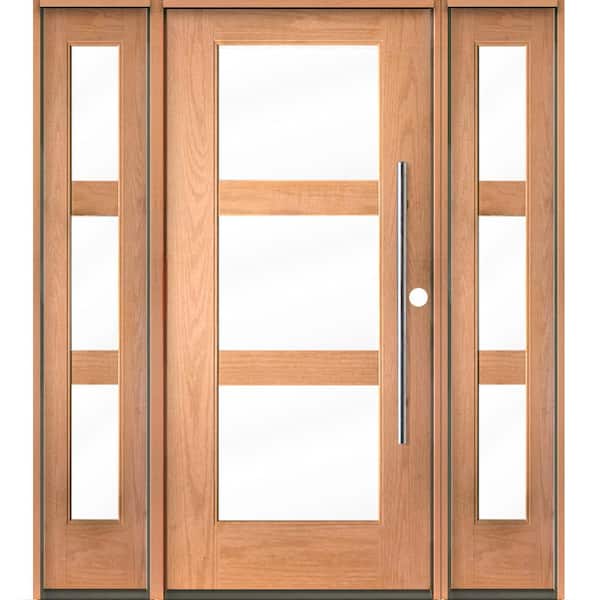 Krosswood Doors Modern Faux Pivot 64 in. x 80 in. Left-Hand/Inswing 3-Lite Clear Glass Teak Stain Fiberglass Prehung Front Door with DSL