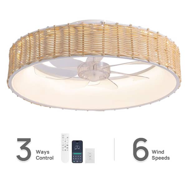 20 in. Indoor White Boho Flush Mount Rattan Ceiling Fan with Light and Remote, Dimmable Low Profile Ceiling Fan