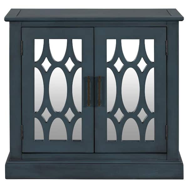 Z-joyee Living Room Blue Wood Accent Storage Cabinet Wooden Cabinet with Decorative Mirror Door