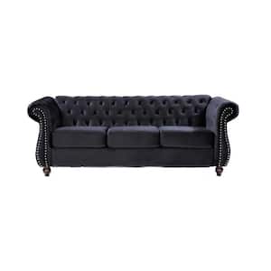 Feinstein 82.6 in. Rolled Arm Velvet Straight 3-Seater Sofa in Black