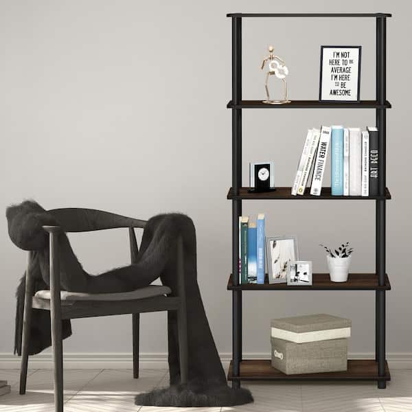 Furinno 57.4 in. Columbia Walnut/Black Plastic 5-shelf Etagere Bookcase with Open Back