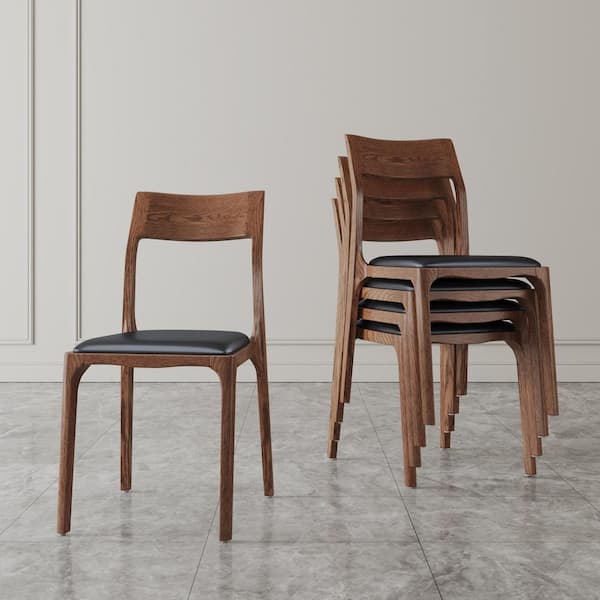 Manhattan Comfort Moderno Walnut and Black Faux Leather Upholstered Modern Stackable Dining Chair (Set of 2)