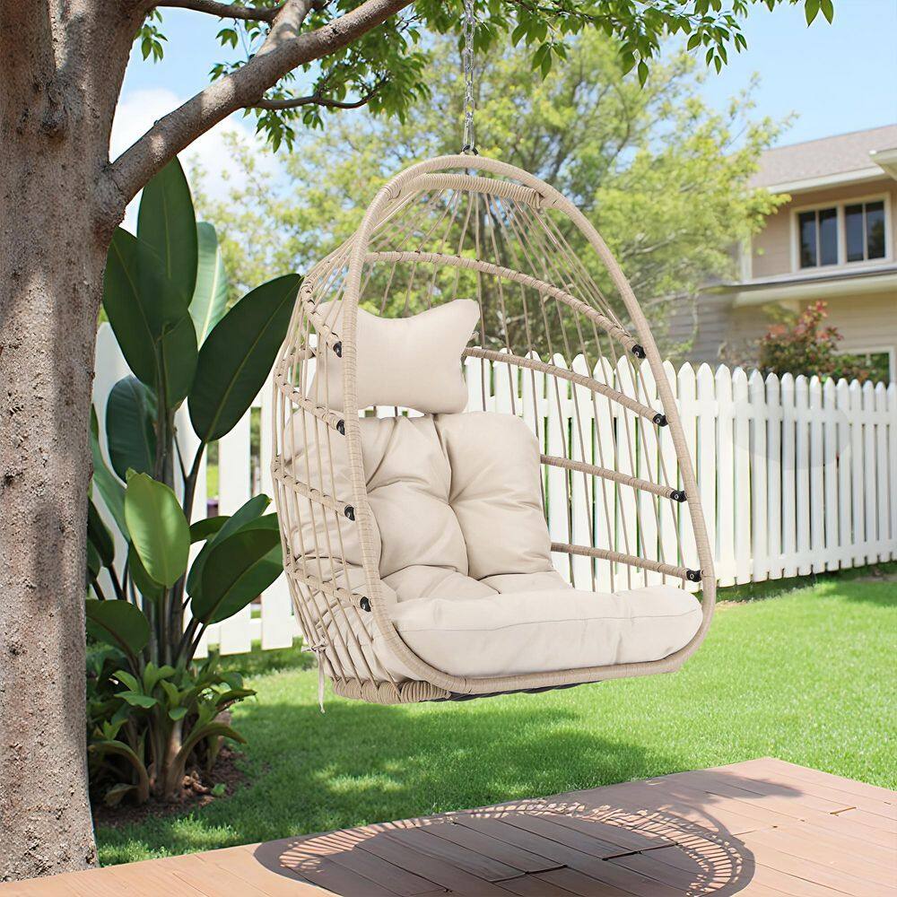 1-Person Beige PE Wicker Porch Swing Egg Chair with Beige Cushion price history on PriceWatchPro