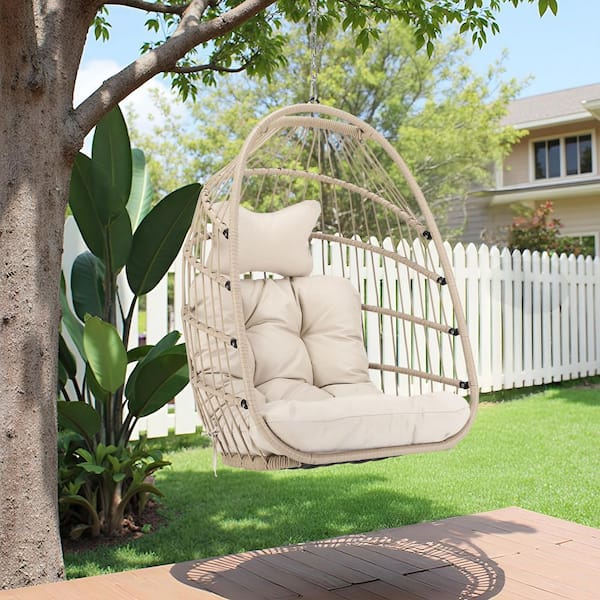 1-Person Beige PE Wicker Porch Swing Egg Chair with Beige Cushion