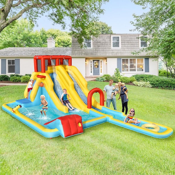 Multi-Color 7-In-1 Inflatable Dual Slide Water Park Climbing Bouncer with 950-Watt Blower