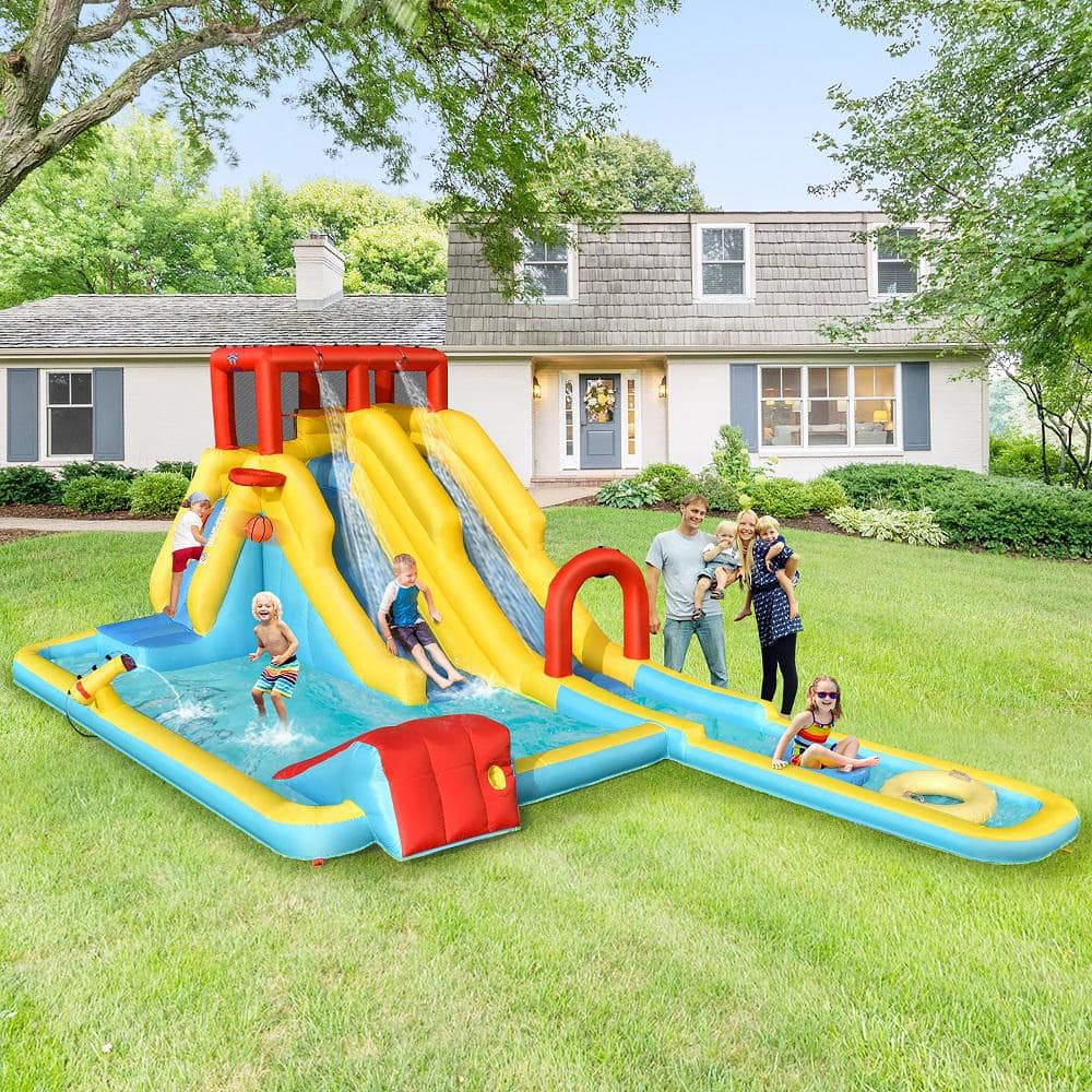 Multi-Color Inflatable Bounce House with Dual Slides and Water Park