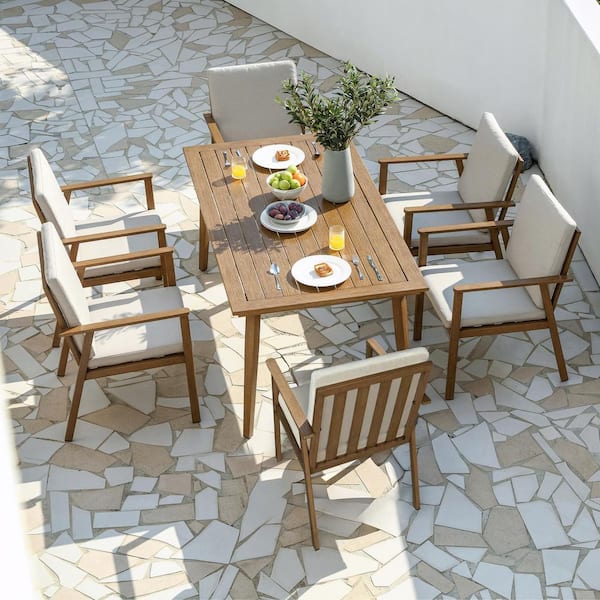 Teak 7-Piece Aluminum Outdoor Dining Set with Beige Cushion and Umbrella Hole , Patio Table and Chair Set for 6