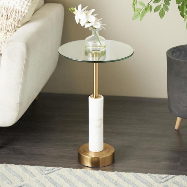 14 in. White Round Glass End Table with Gold Metal Rod and Base