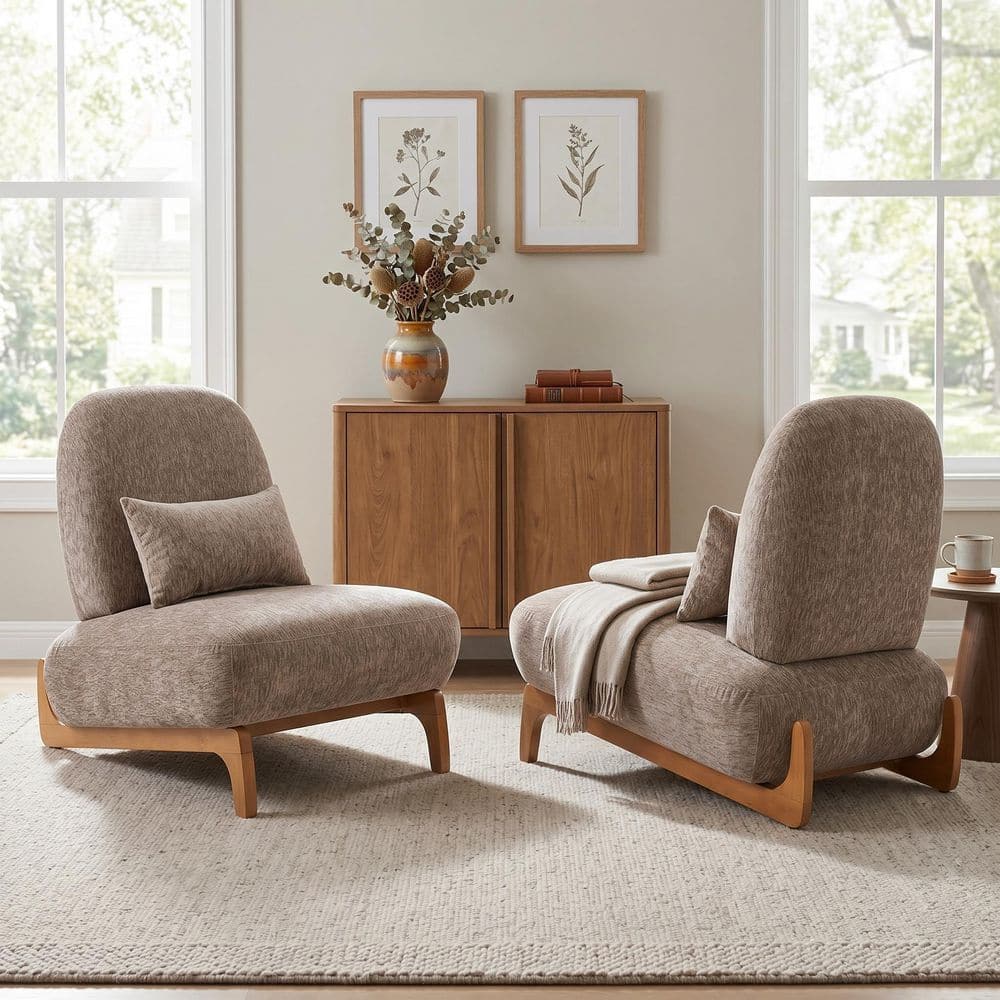 Kenzo Espresso and Natural Polyester Upholstered Accent Side Chair with Lumbar Pillow, Curved Wood Base, (Set of 2)