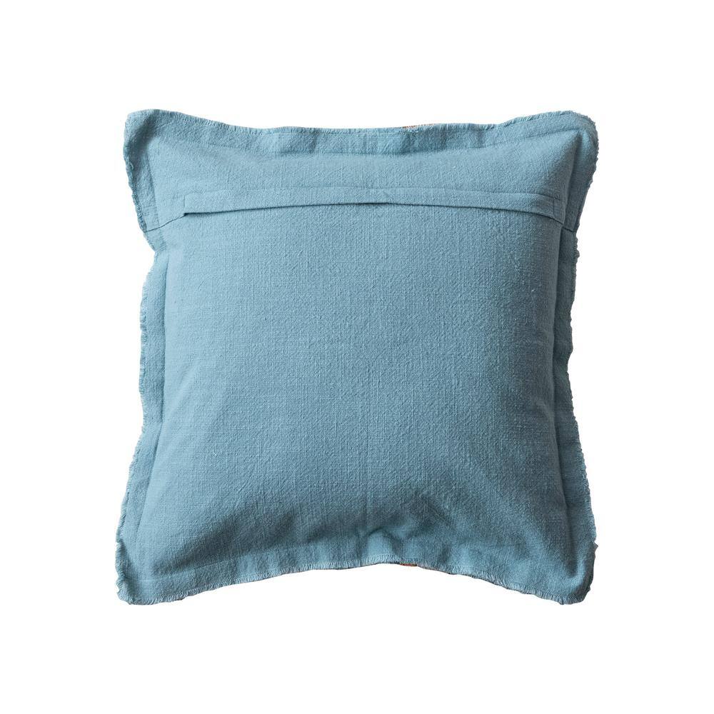 20" Blue and Beige Linen Striped Pillow with Fringe