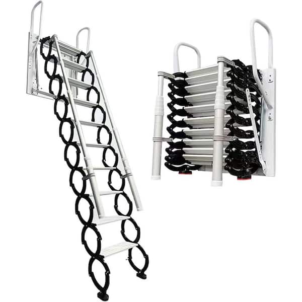 KIWDZFU 8.8 ft. - 9.8 ft. 12 Steps Wall-Mounted Folding Stairs Attic Ladder with 2 Handrails, 660 lb. Load Capacity