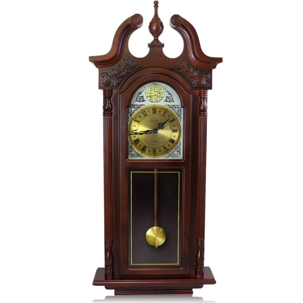 Bedford Clock Collection 38 in. Grand Antique Cherry Oak Chiming Wall Clock, Red -  98597057M