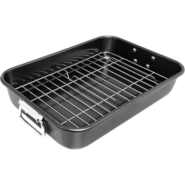 15 in. 1-Piece Carbon Steel Roasting Pan Set with Rack, Handle for Kitchen, Oven, Turkey, Chicken, Meat & Vegetables